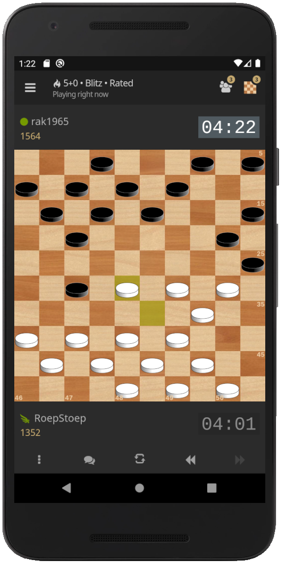 A game in progress on the Lidraughts mobile app